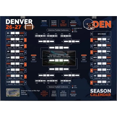 Denver Football 26-27 Calendar, Printable Wall Chart, Football Matches Schedule, Denver Football Bracket